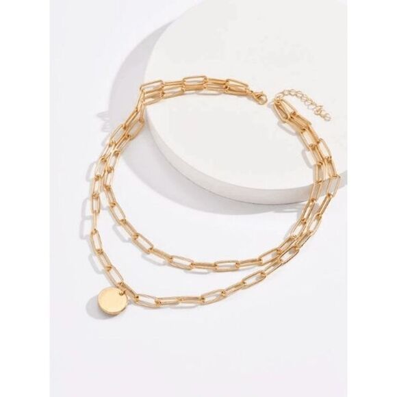 GOLD PLATED LAYERED LINK NECKLACE WITH HANGING ROUND CHARM - Picture 2 of 5